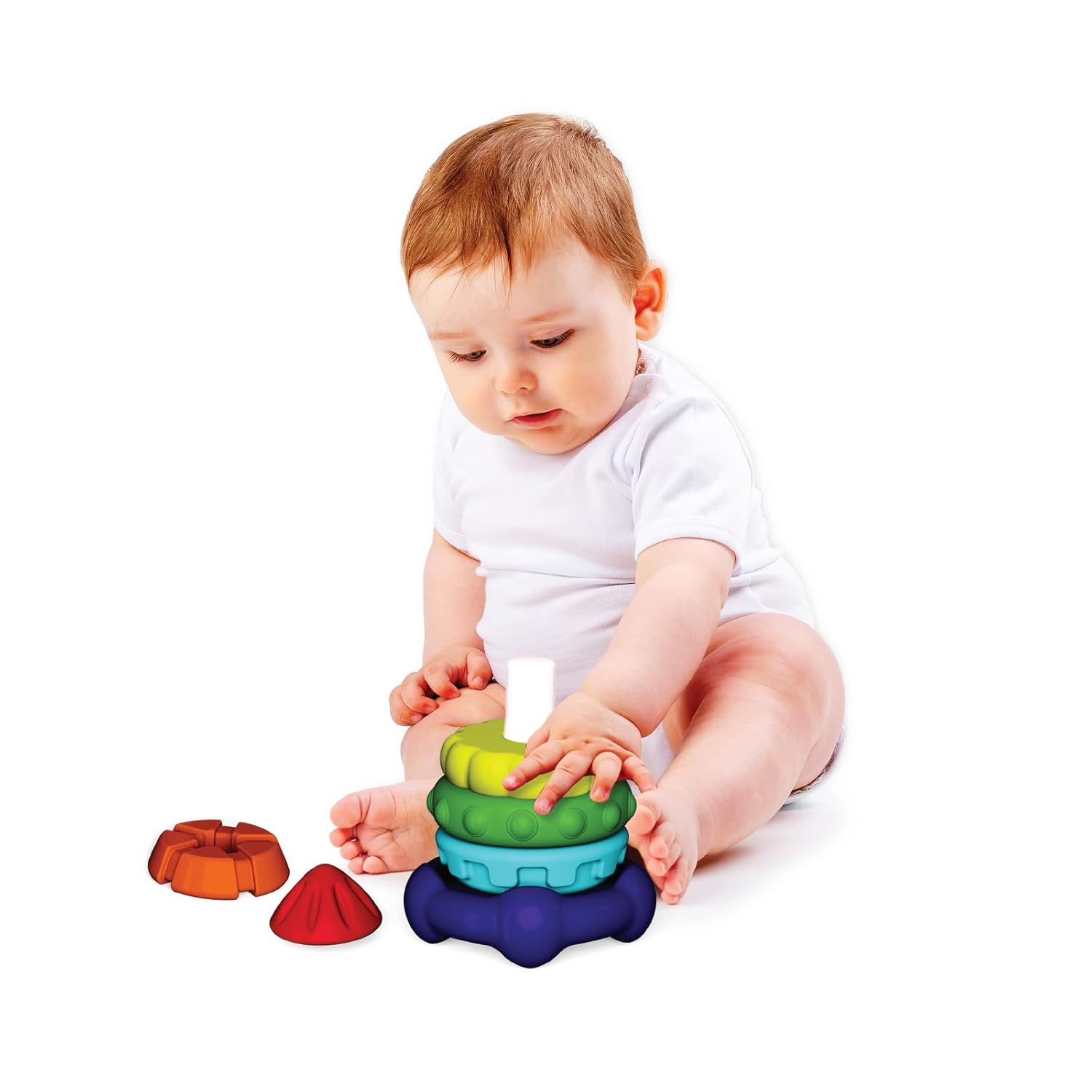 Funskool Giggles Stack A Rocket at go littles product image 5, Baby playing with a colorful stacking toy on a white background