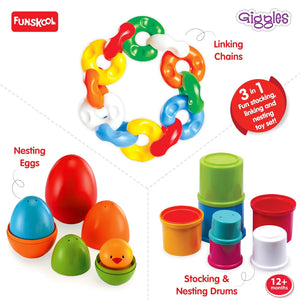 Funskool Giggles Stack N Nest Toy at go littles product image 3. Colorful toy set with linking chains, nesting eggs, and stocking & nesting drums on a white background.