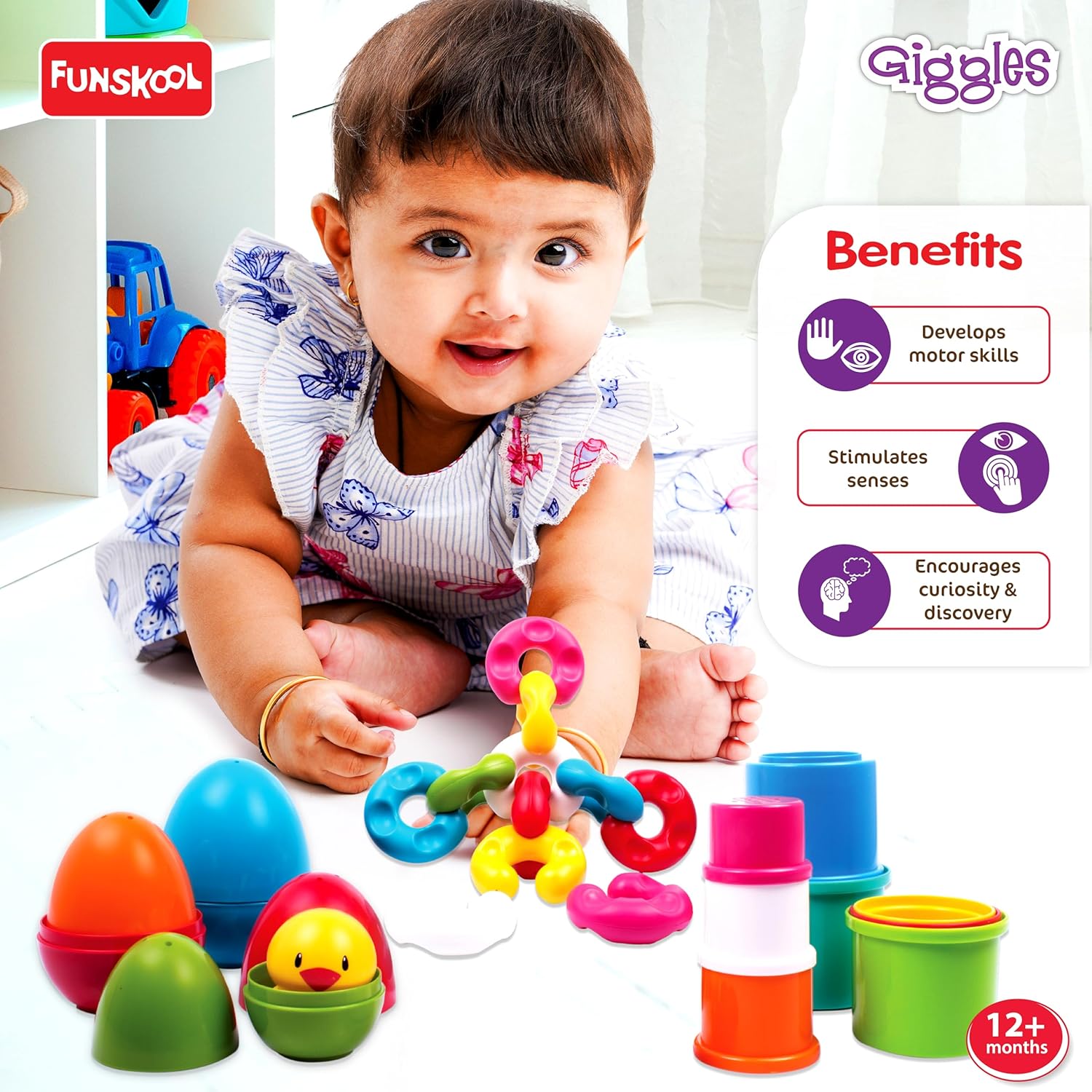 Funskool Giggles Stack N Nest Toy at go littles product image 4. Baby playing with colorful toys, surrounded by Funschool and Giggles branding.