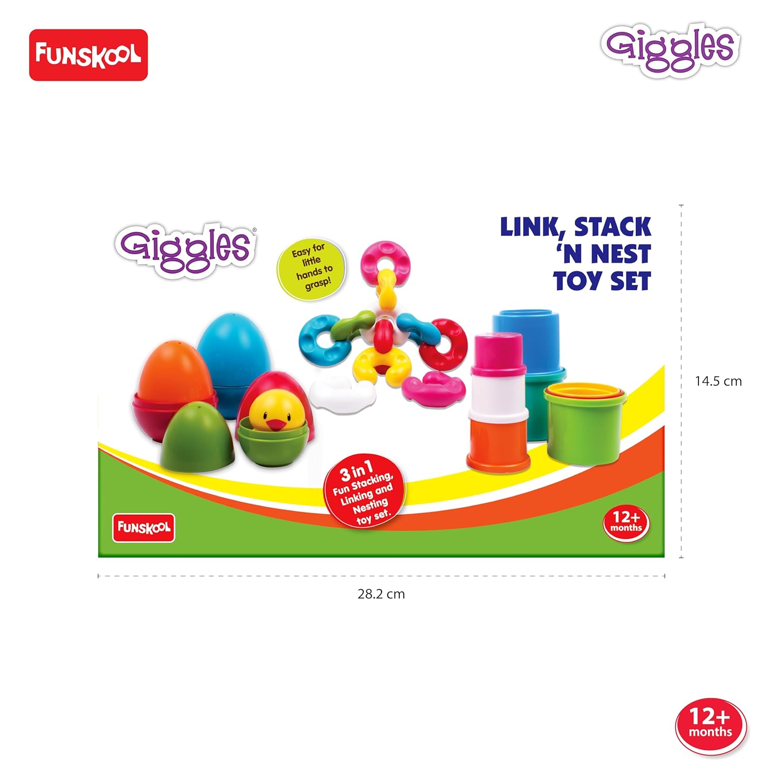 Funskool Giggles Stack N Nest Toy at go littles product image 5. Giggles Link, Stack 'n Nest toy set packaging with Funskool branding on a white background.