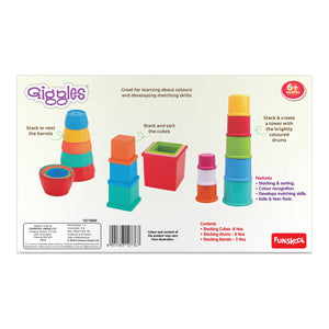 Funskool Giggles Stack N Tumble Gift Set at go littles product image 5. Giggles toy packaging with colorful barrels and cubes on a white background