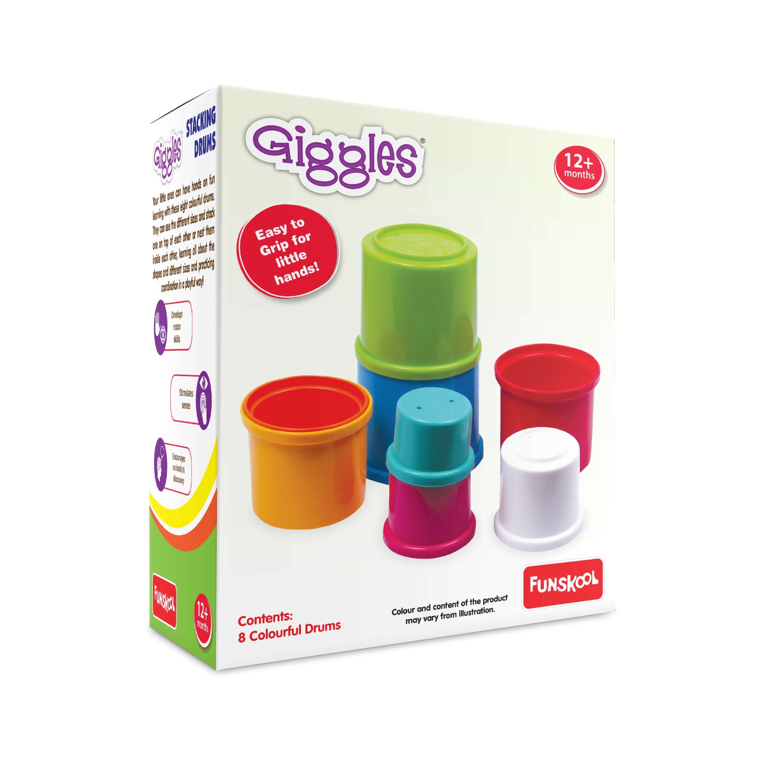 Funskool Giggles Stacking Drums at go littles product image 3. Box of Giggles colorful drums toy set by Funskool on a white background