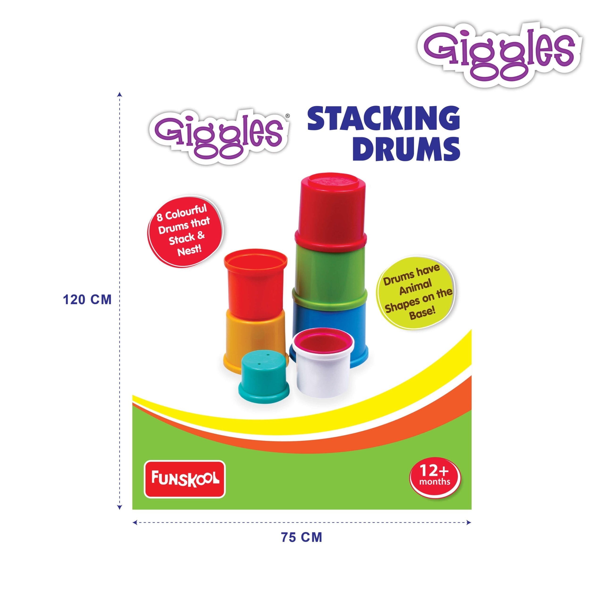 Funskool Giggles Stacking Drums at go littles product image 5. Packaging of Giggles stacking drums with colorful drums and Funskool branding.