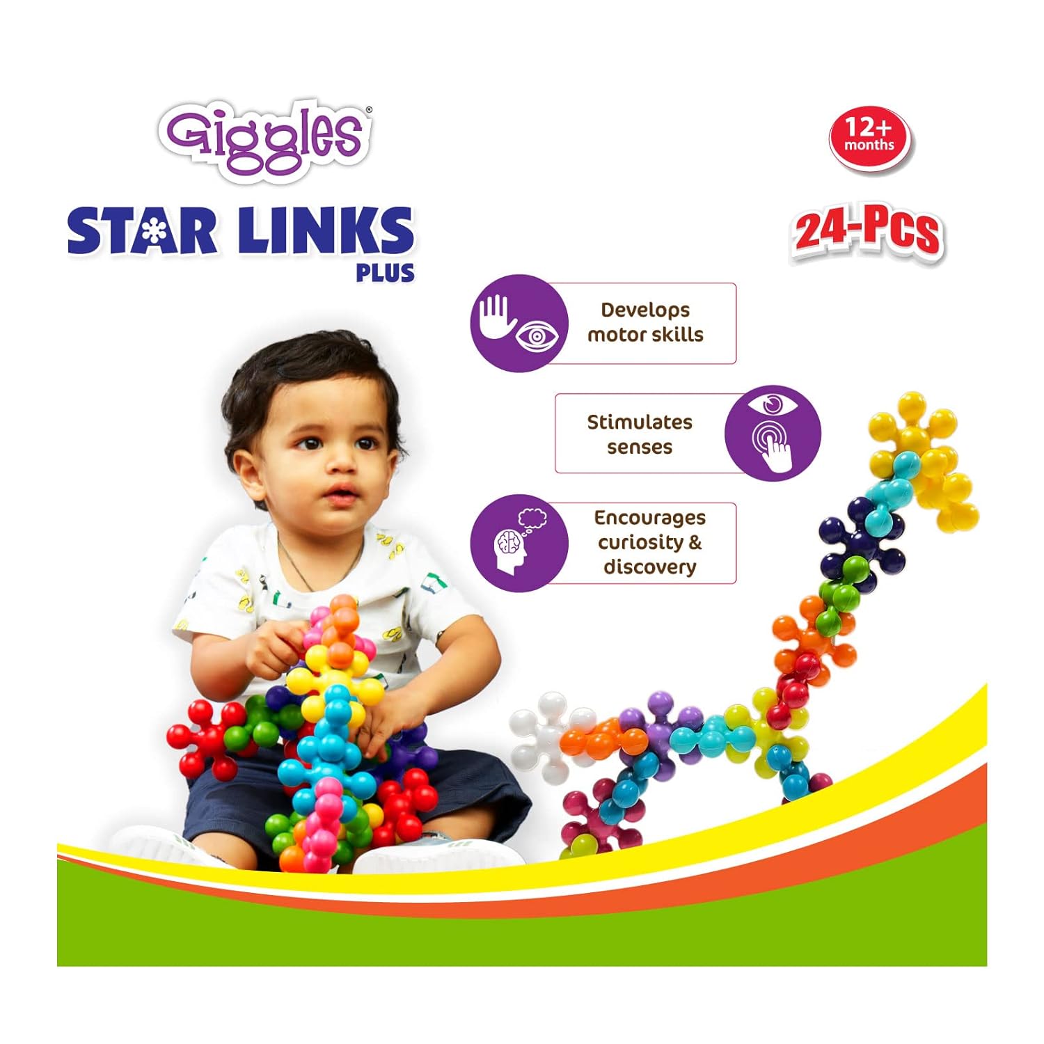 Funskool Giggles Star Link Plus available at go littles image 2. Giggles Star Links Plus toy packaging with a child playing with colorful links.