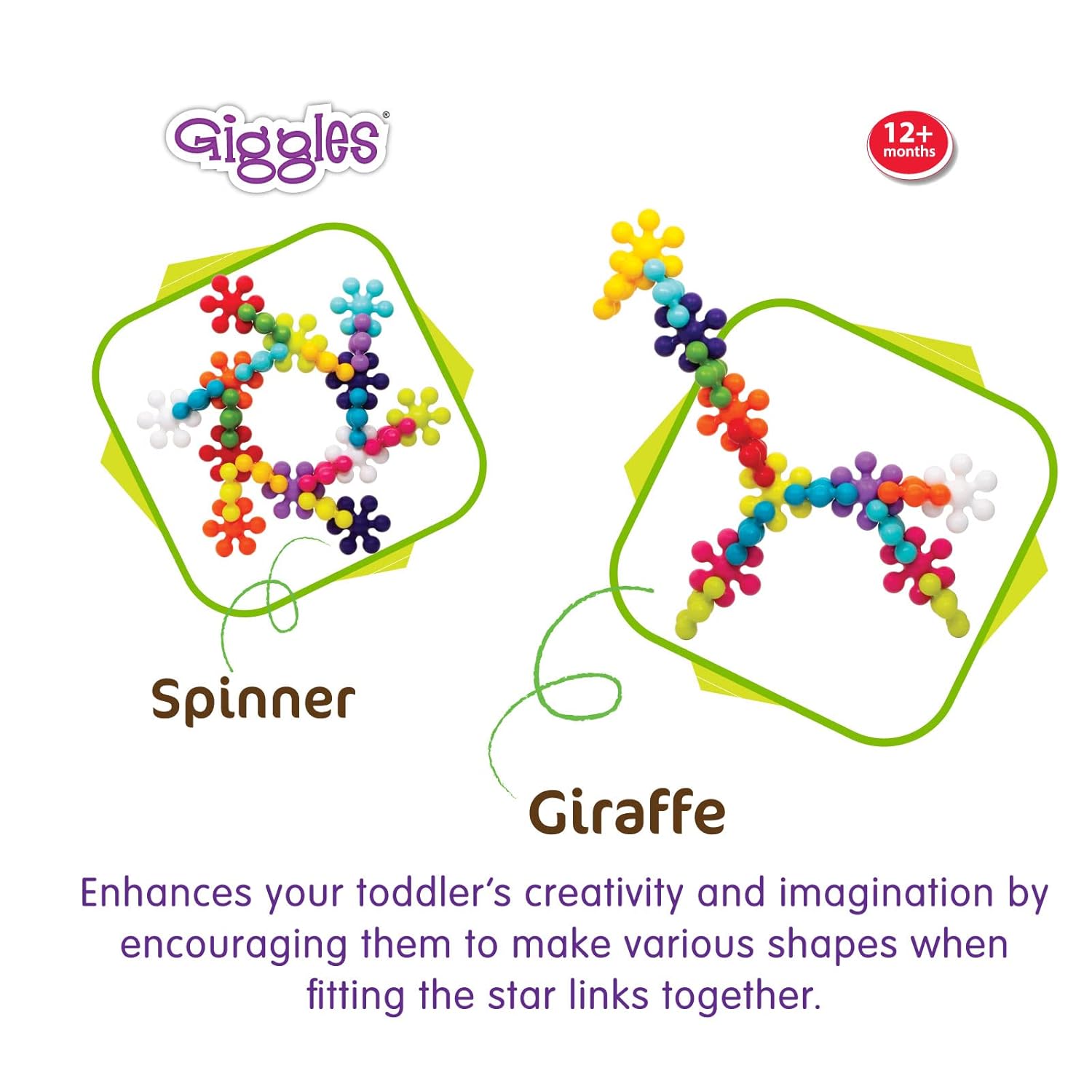 Giggles spinner and giraffe toys with colorful star links on a white background. Funskool Giggles Star Link Plus available at go littles image 3