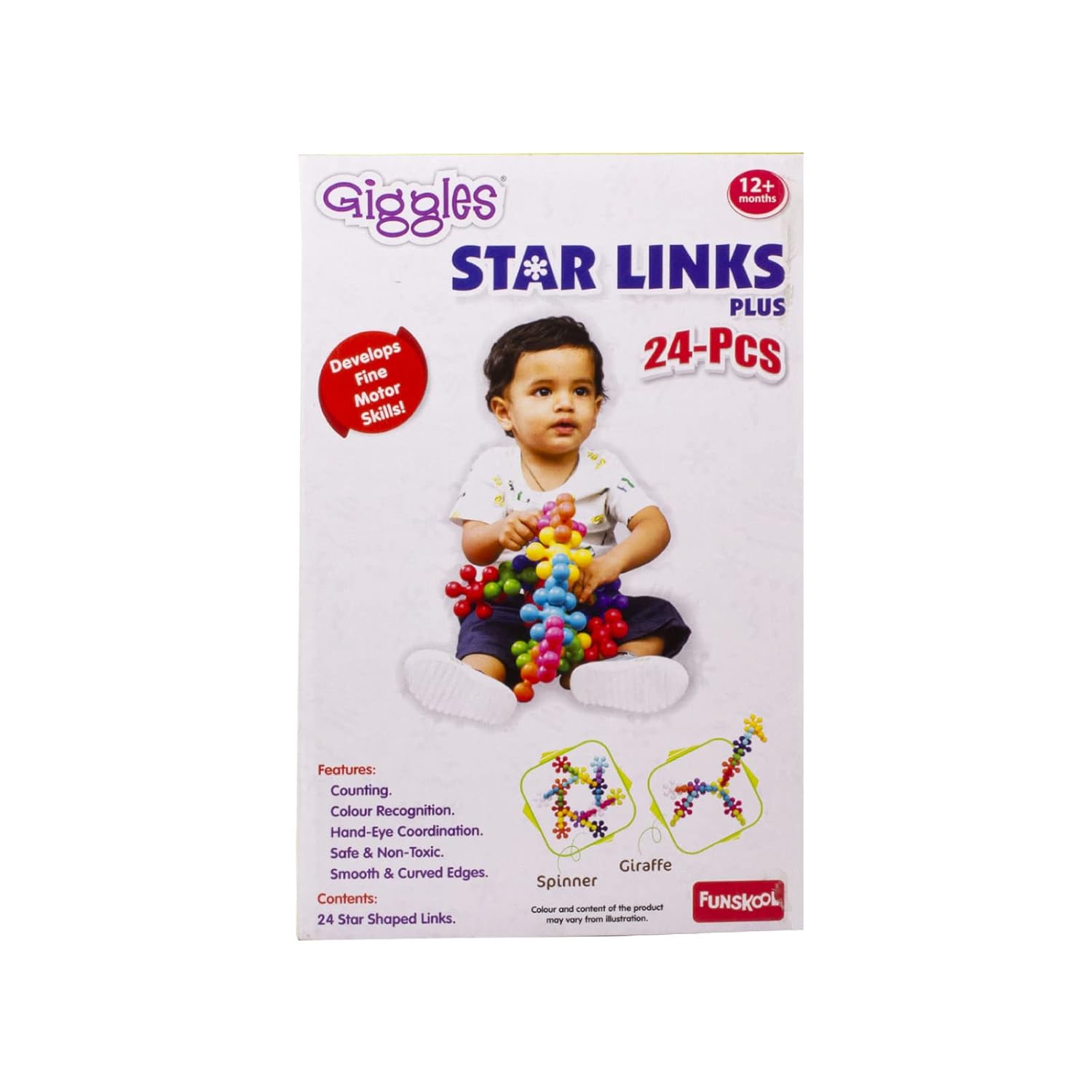 Funskool Giggles Star Link Plus available at go littles image 4. Box of Giggles Star Links Plus toy set with a child holding colorful links on a white background