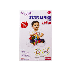 Funskool Giggles Star Link Plus available at go littles image 4. Box of Giggles Star Links Plus toy set with a child holding colorful links on a white background