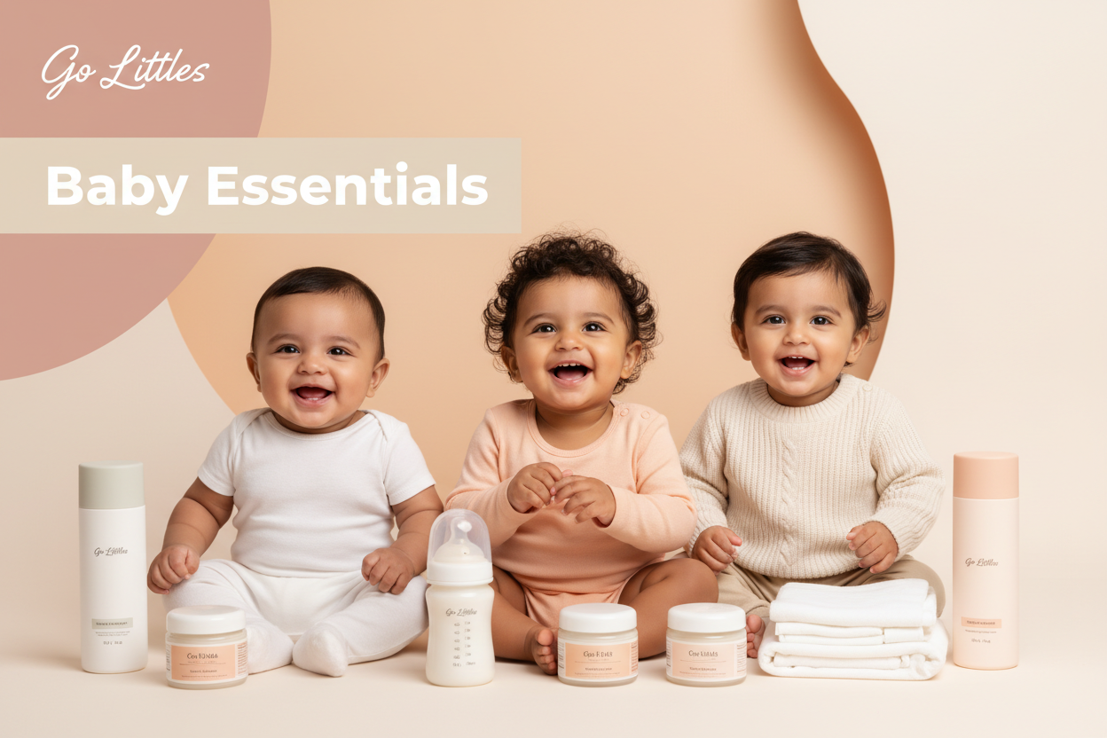Three babies sitting together with baby essentials products on a beige background
