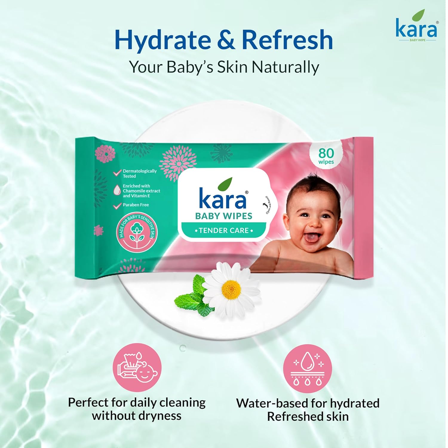 Kara baby wipes packaging with a baby's face on it, surrounded by water droplets and flowers, on a light blue background. Kara_Cleaning_Baby_Wipes_80pcs_go_littles_product_image 4