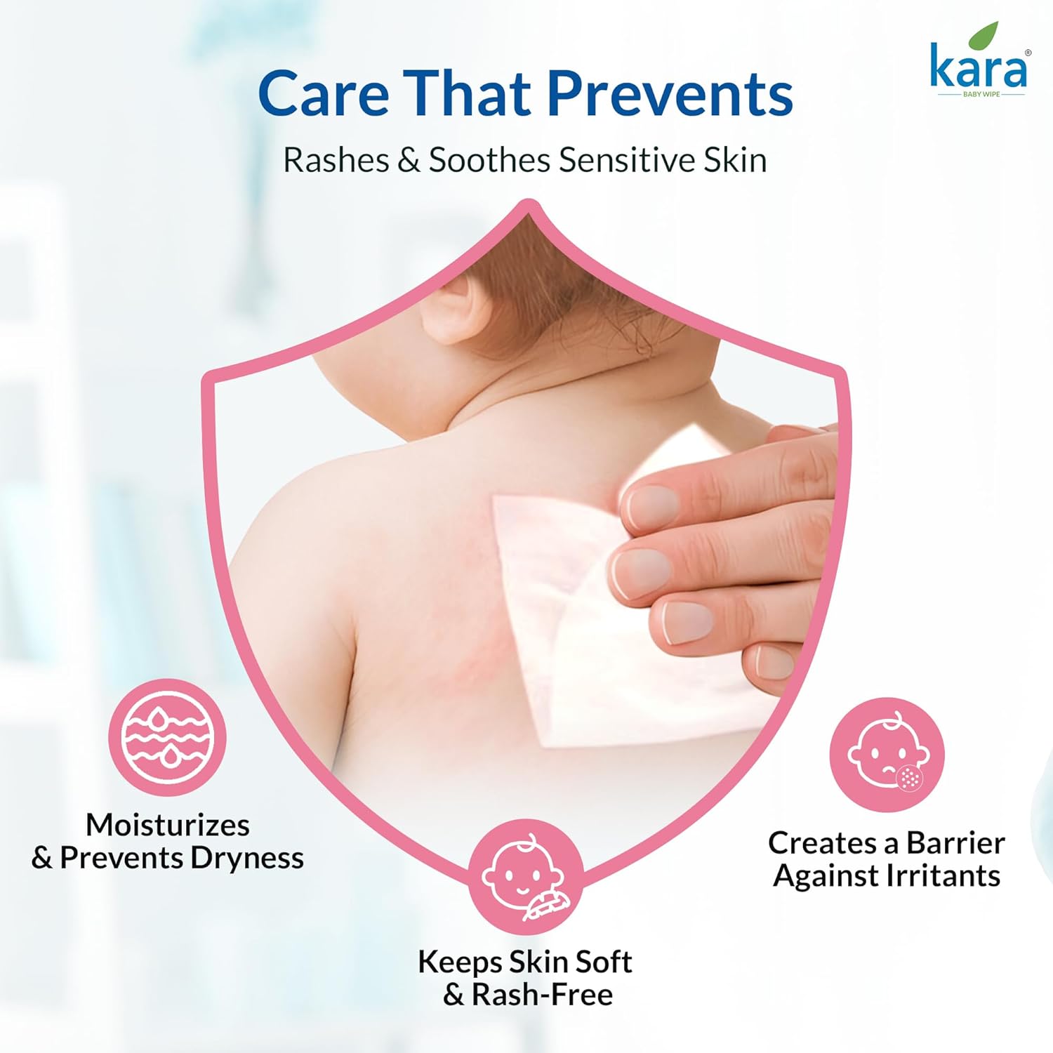 Kara product for sensitive skin care with a shield graphic and text on a light blue background. Kara_Cleaning_Baby_Wipes_80pcs_go_littles_product_image 5