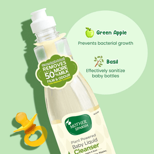 Mother Sparsh plant-powered baby liquid cleanser bottle with green apple and basil benefits on a light green background. MotherSparsh Baby Liquid Cleanser Bottle175mlx2 (Buy 1 Get 1) go littles product image 3