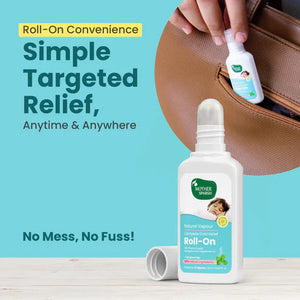 Mother Sparsh natural vapor roll-on bottle with promotional text on a blue background. MotherSparsh Cold Relief Natural Vapour Roll-on 15ml go littles product image 5