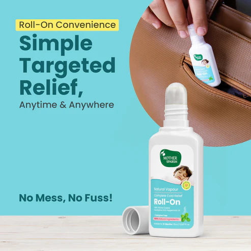 Mother Sparsh natural vapor roll-on bottle with promotional text on a blue background. MotherSparsh Cold Relief Natural Vapour Roll-on 15ml go littles product image 5