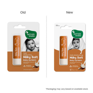 Comparison of Mother Sparsh Milky Soft Baby Lip Balm packaging, old vs new. MotherSparsh Daily Moisturizing Milky Soft Lip Balm 4g 2 Yrs + go littles product image 6