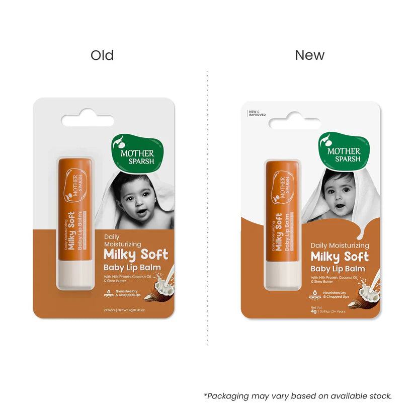 Comparison of Mother Sparsh Milky Soft Baby Lip Balm packaging, old vs new. MotherSparsh Daily Moisturizing Milky Soft Lip Balm 4g 2 Yrs + go littles product image 6