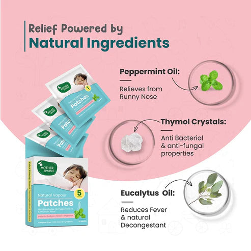 Product packaging with natural ingredients on a pink background. MotherSparsh Natural Vapour Patches go littles product image 4