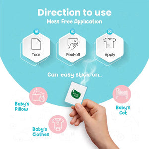 Step-by-step guide for using a product with icons and text on a blue background. MotherSparsh Natural Vapour Patches go littles product image 5