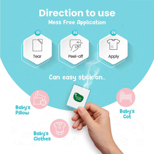 Step-by-step guide for using a product with icons and text on a blue background. MotherSparsh Natural Vapour Patches go littles product image 5