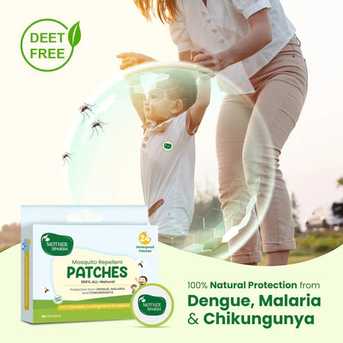 Mother Sparsh mosquito repellent patches packaging with a woman and child outdoors, emphasizing natural protection from diseases. Mothersparsh Repellent Patches (24pcs Pack) go littles product image  2