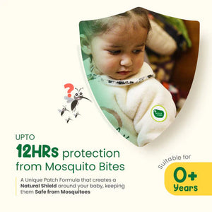 Product packaging with a baby and text about mosquito bite protection, suitable for 0+ years. Mothersparsh Repellent Patches (24pcs Pack) go littles product image 3