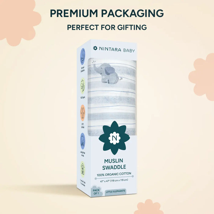 Nintara Baby Muslin Baby Swaddle  Extra-Large 47" x 47" Little Elephants Design at go littles product image 6