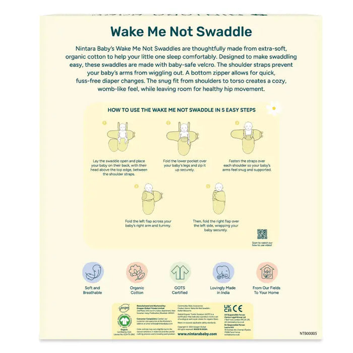 Nintara Baby's Wake Me Not Swaddle packaging with instructions and product details. Nintara Organic Cotton Wake Me Not Swaddle  0-3 Months Butter Blossoms Go Littles product image 10