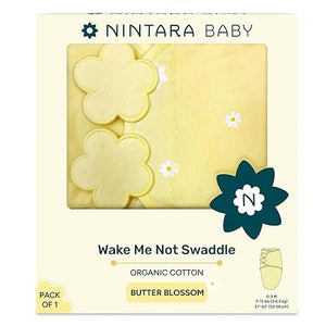 Nintara Baby swaddle blanket packaging with floral design on a white background. Nintara Organic Cotton Wake Me Not Swaddle  0-3 Months Butter Blossoms Go Littles product image 2