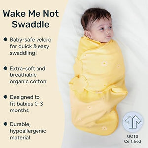 Baby swaddled in a yellow blanket with product features listed on the left. Nintara Organic Cotton Wake Me Not Swaddle  0-3 Months Butter Blossoms Go Littles product image 3