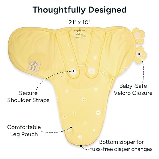 Yellow baby wrap with labeled features on a white background. Nintara Organic Cotton Wake Me Not Swaddle  0-3 Months Butter Blossoms Go Littles product image 4