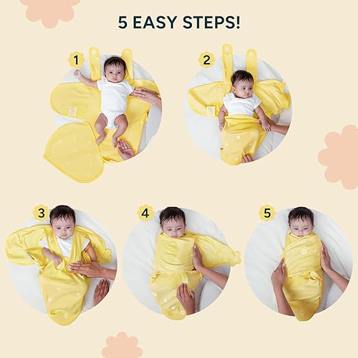 Step-by-step guide on how to use a yellow baby wrap with a baby, on a beige background. Nintara Organic Cotton Wake Me Not Swaddle  0-3 Months Butter Blossoms Go Littles product image 5