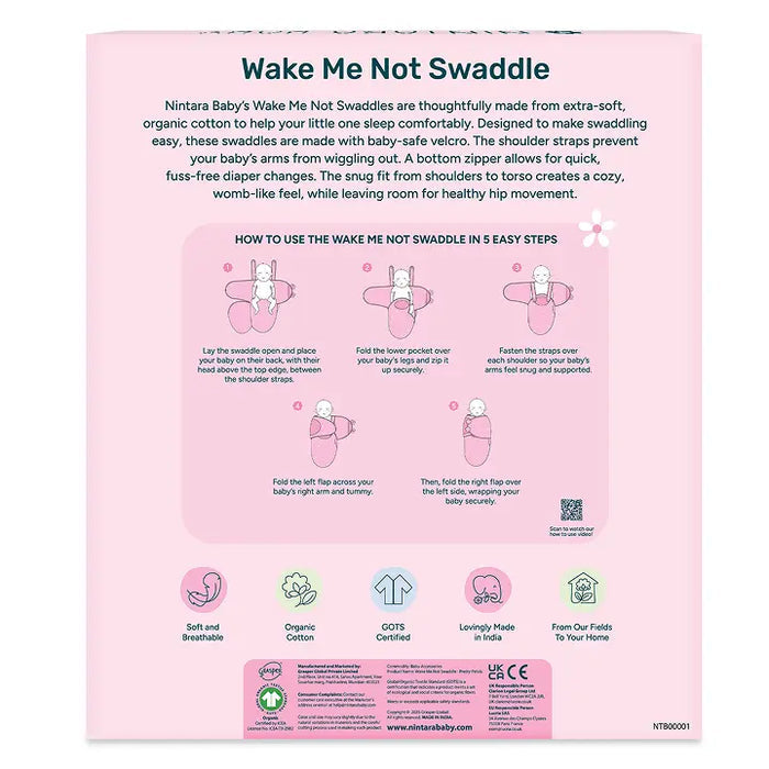 Pink swaddle blanket with text and instructions on a white background. Nintara Wake Me Not Swaddle Pretty Petals for 0 to 3 Months go littles product image 10