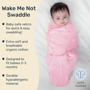Baby swaddled in a pink blanket with product features listed on the left. Nintara Wake Me Not Swaddle Pretty Petals for 0 to 3 Months go littles product image 3