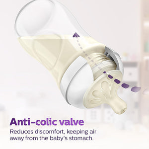 Baby bottle with anti-colic valve feature on a light background. Philips_Avent_Natural_Response_Teat_for_Babies_Aged_6_months_and_above_Flow_5_Pack_of_2_BPA_Free_SCY965_02_go_littles_product_image_8