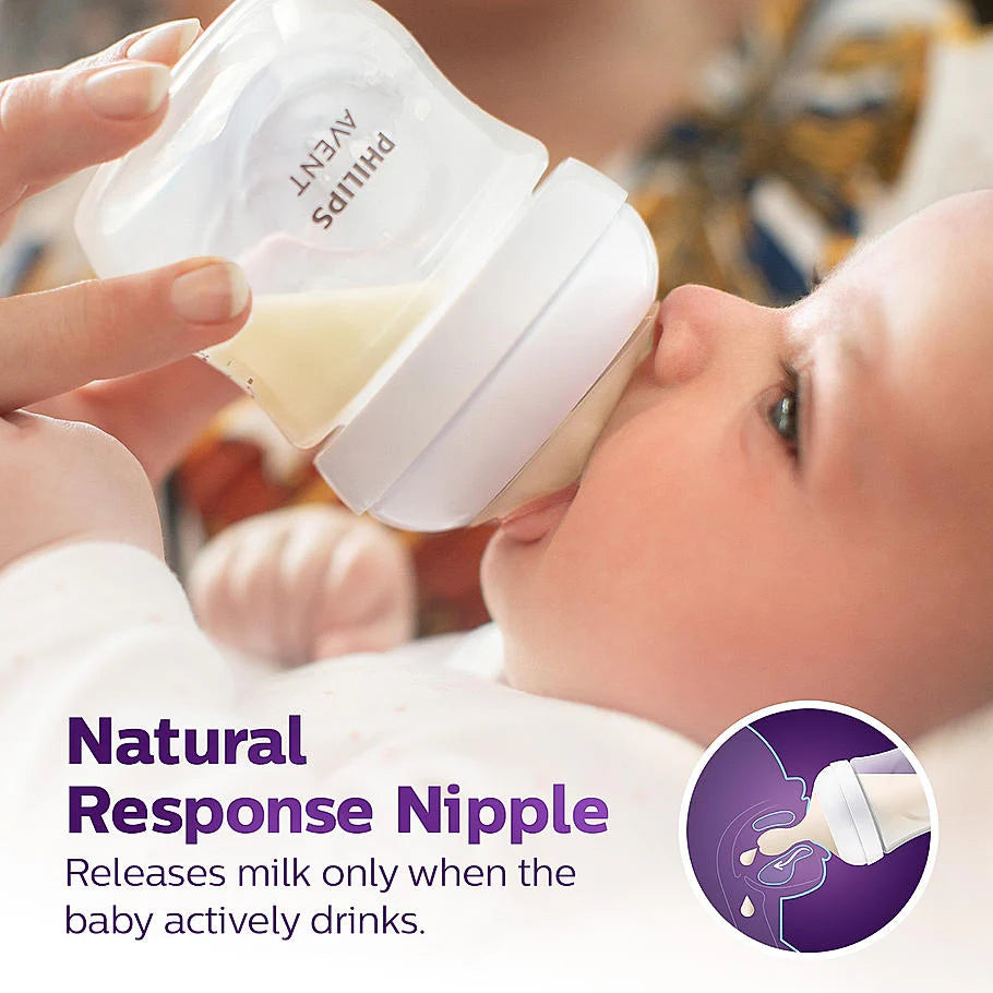 Baby drinking from a Philips Avent bottle with text about the natural response nipple feature. Philips Avent Teat Natural Response Teat SCY961/02  0m+ go littles product image 4