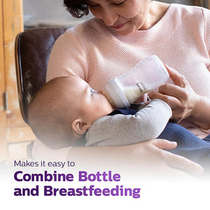 Woman holding a baby and a bottle with text about combining bottle and breastfeeding. Philips Avent Teat Natural Response Teat SCY961/02  0m+ go littles product image 6