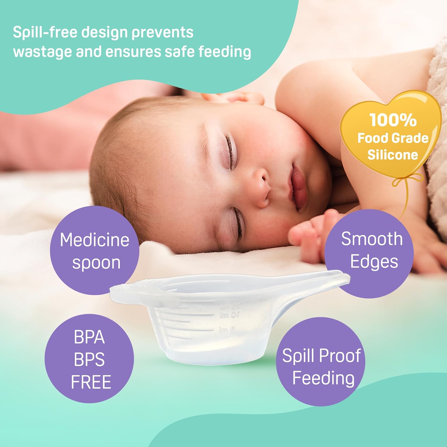 Baby lying on a blanket with a silicone spoon and text highlighting features. Pigeon Baby Feeder (Paladai) go littles product image 6