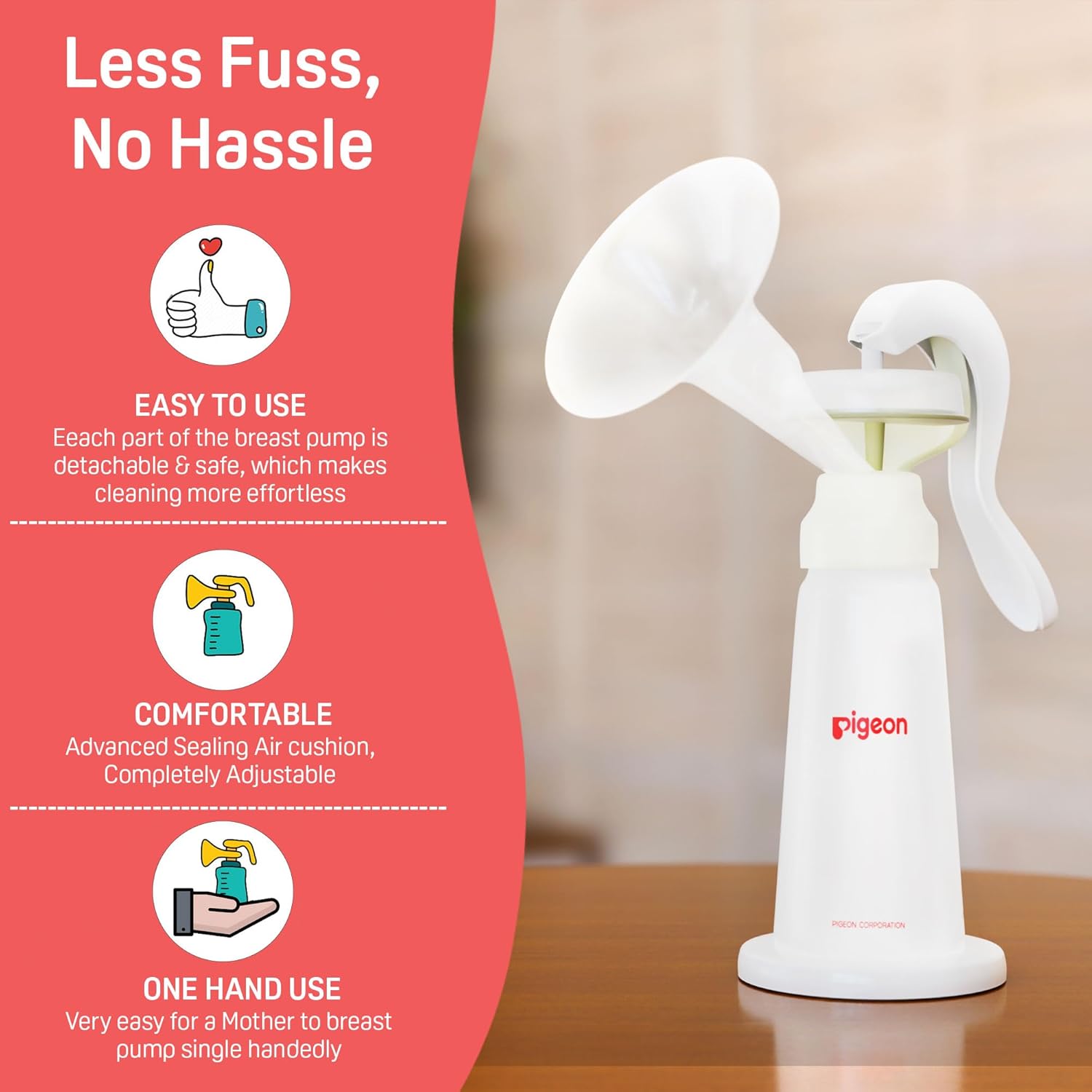 White breast pump with Pigeon logo on a wooden surface, accompanied by promotional text on a red background. Pigeon Breast Pump Basic Edition go littles product image 4