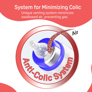 Anti-Colic System illustration with text on a red and white background. Pigeon Feeding Bottle 240ml LL Blue go little product main image 3