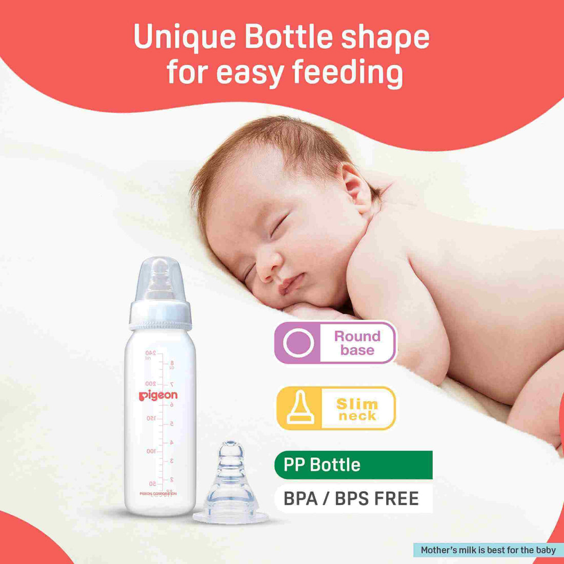 Baby bottle with a baby lying next to it, emphasizing easy feeding features. Pigeon Feeding Bottle 240ml White 4months+ go littles product image 2