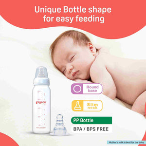 Baby bottle with a baby lying next to it, emphasizing easy feeding features. Pigeon Feeding Bottle 240ml White 4months+ go littles product image 2