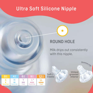 Ultra soft silicone nipple with round hole design and size chart on a gray background. Pigeon Feeding Bottle 240ml White 4months+ go littles product image 4