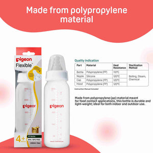 Pigeon baby bottle with packaging and material information on a red and white background. Pigeon Feeding Bottle 240ml White 4months+ go littles product image 6