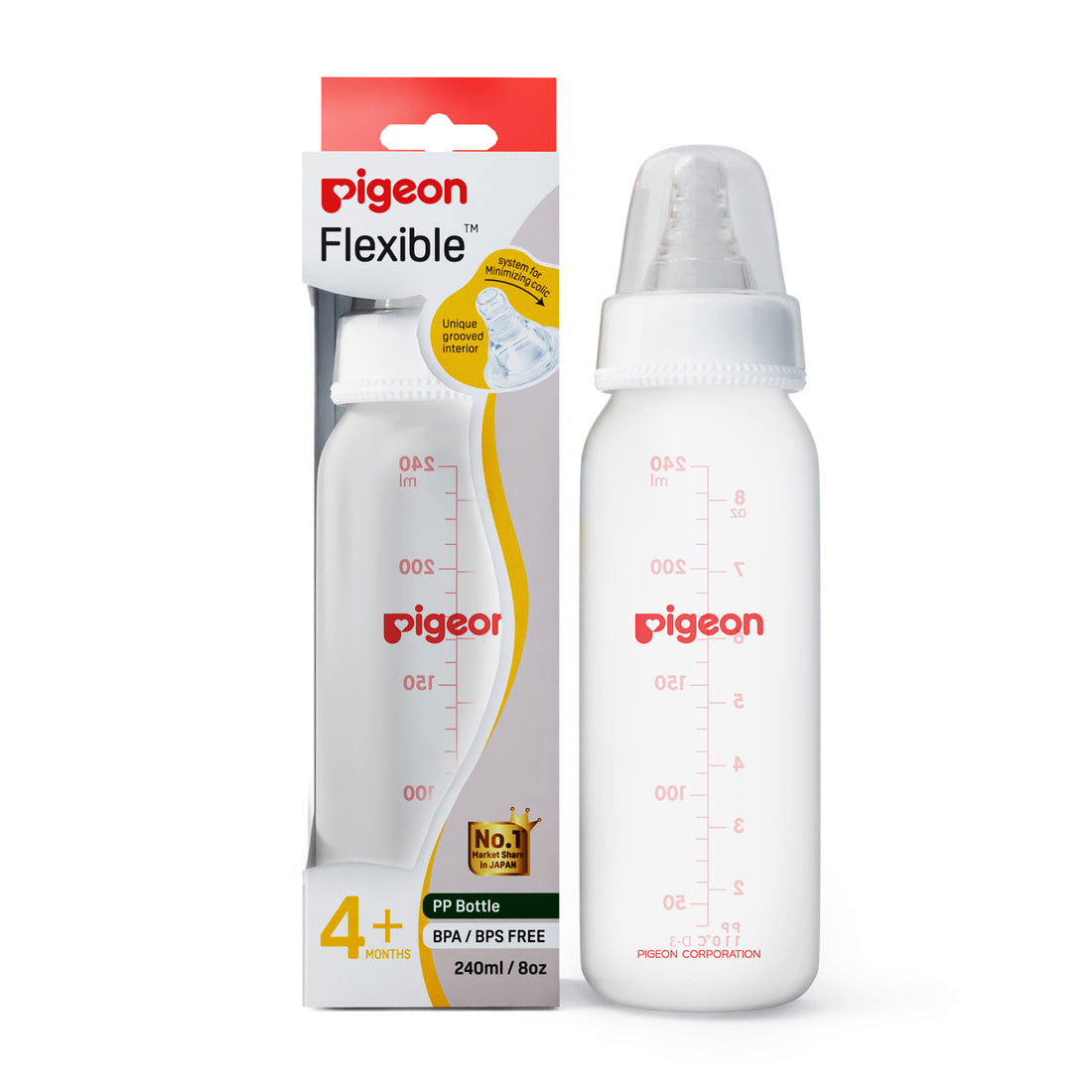 Pigeon flexible baby bottle with packaging on a white background. Pigeon Feeding Bottle 240ml White 4months+ go littles product main image