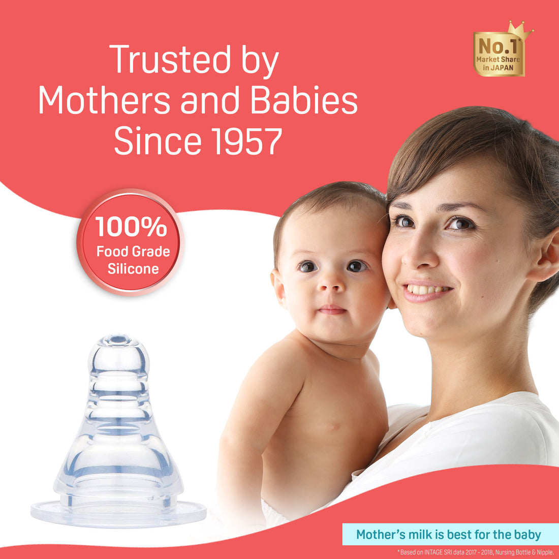 Woman holding a baby with a silicone nipple and text about trust since 1957 on a red background. Pigeon Peristaltic Nipple Y go littles product main image 5