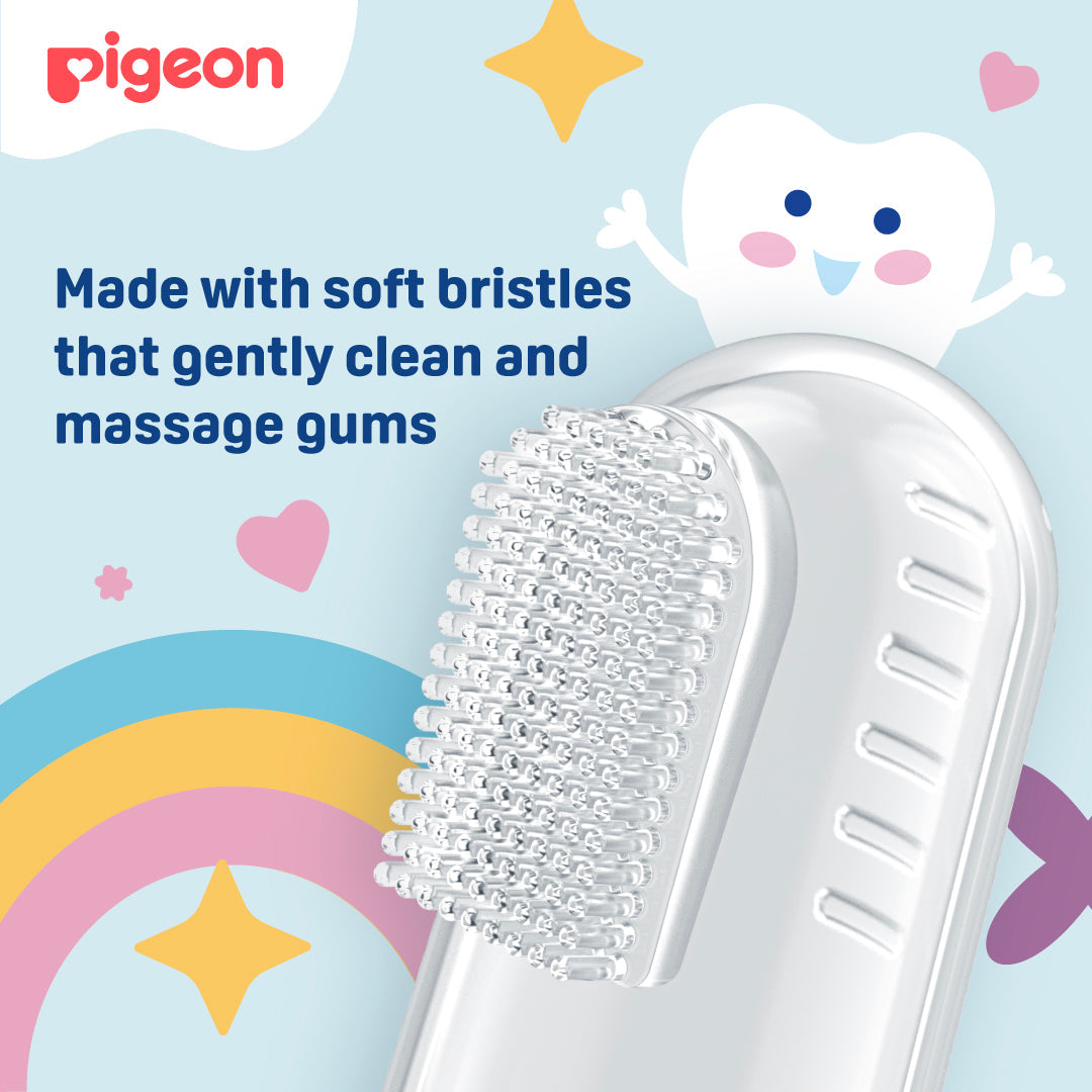 Pigeon baby brush with soft bristles on a colorful background. Pigeon Silicone Finger Toothbrush go littles product image 10