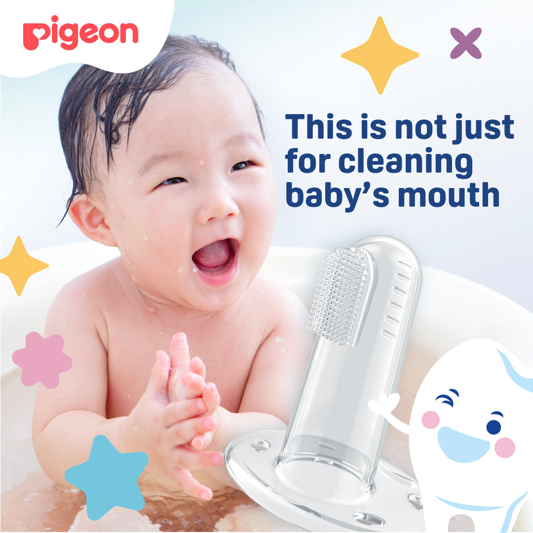 Baby with a toothbrush and colorful stars, Pigeon brand visible. Pigeon Silicone Finger Toothbrush go littles product image 11