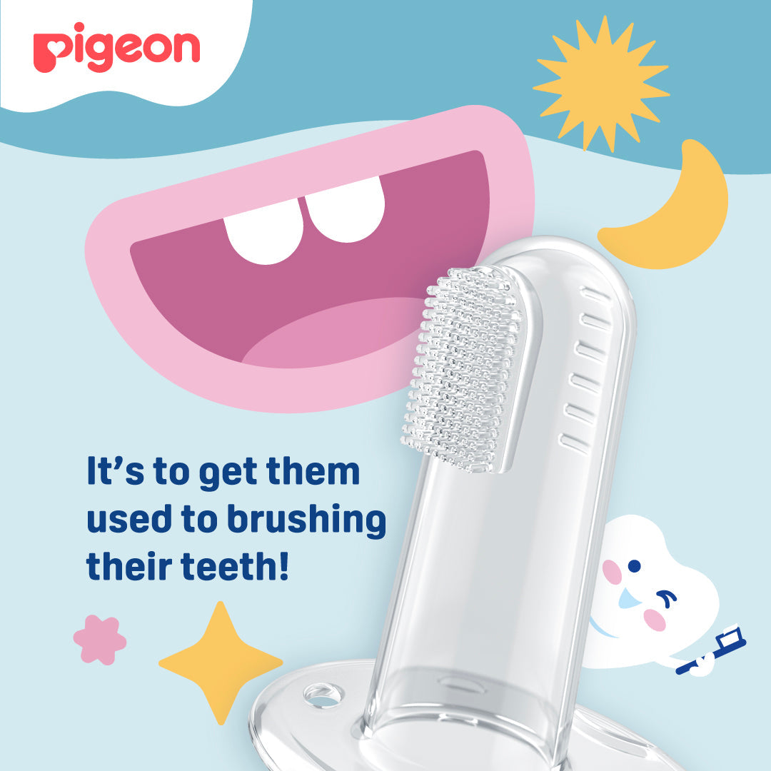 Children's toothbrush with cartoon mouth and tooth on a light blue background, featuring the Pigeon brand. Pigeon Silicone Finger Toothbrush go littles product image 3