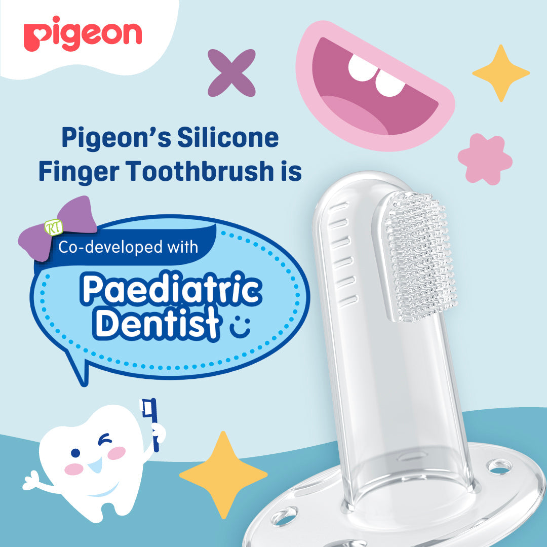 Pigeon silicone finger toothbrush with cartoon characters on a light blue background. Pigeon Silicone Finger Toothbrush go littles product image 4