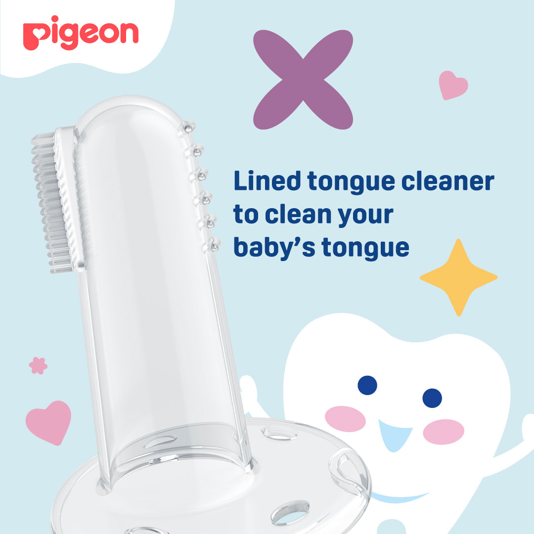 Pigeon lined tongue cleaner with cartoon tooth on a light blue background. Pigeon Silicone Finger Toothbrush go littles product image 5