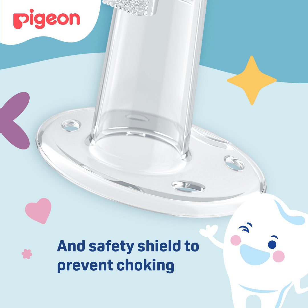 Clear plastic shield with text 'And safety shield to prevent choking' on a colorful background with Pigeon branding. Pigeon Silicone Finger Toothbrush go littles product image 7